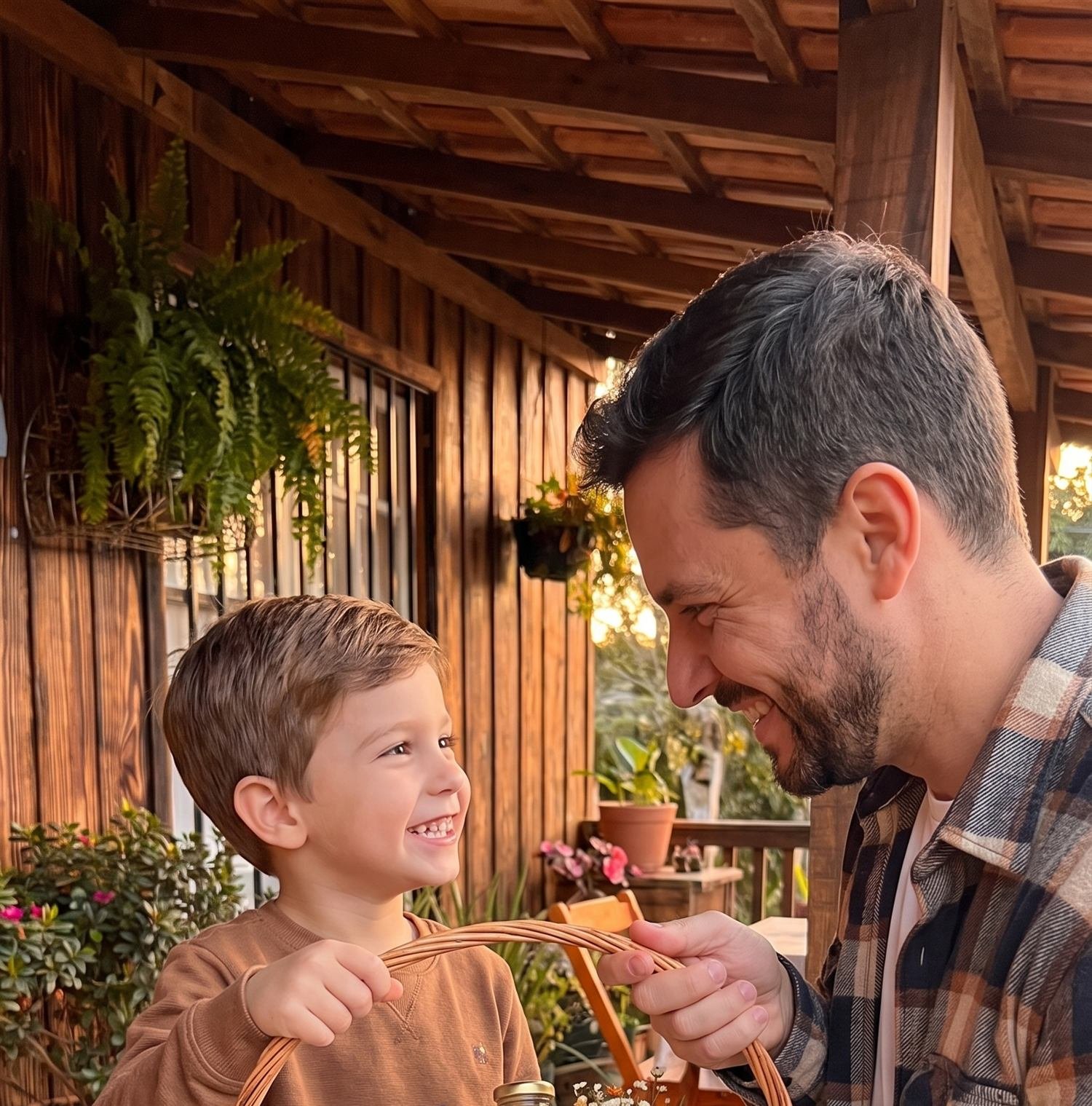 Filho entregando uma cesta de presente ao pai na Flor de Laranjeira